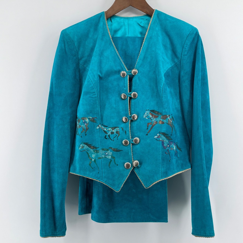 Patricia Wolf Turquoise Suede Western Jacket Skirt Set Horse Rhinestone Medium‎